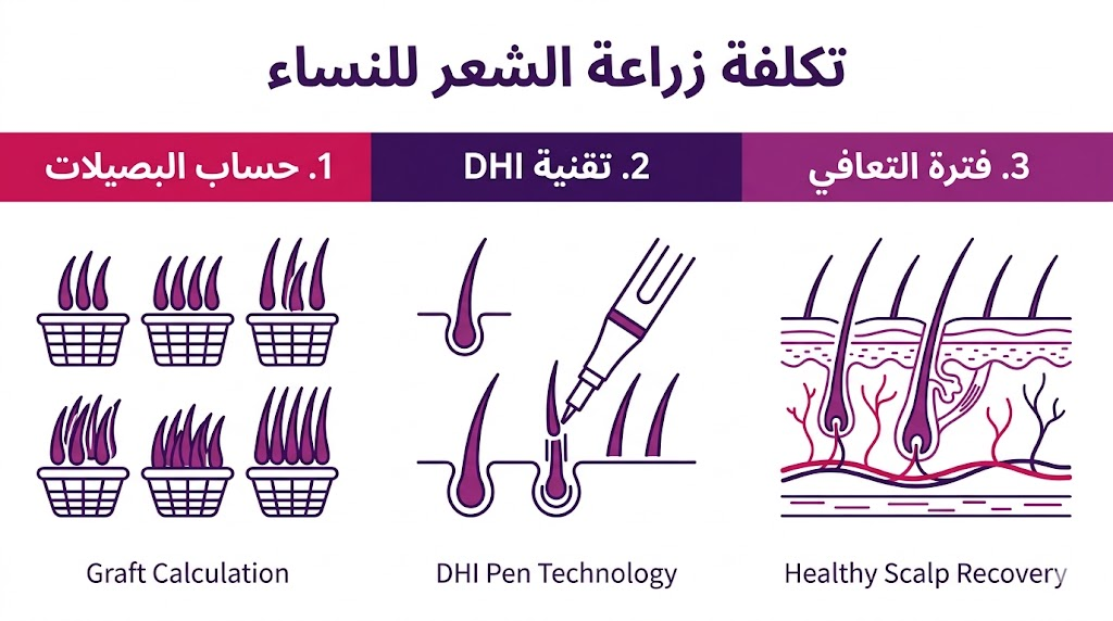 بوستر إنفوجرافيك مقسم لثلاثة أقسام يشرح العوامل المؤثرة في تكلفة زراعة الشعر للنساء.