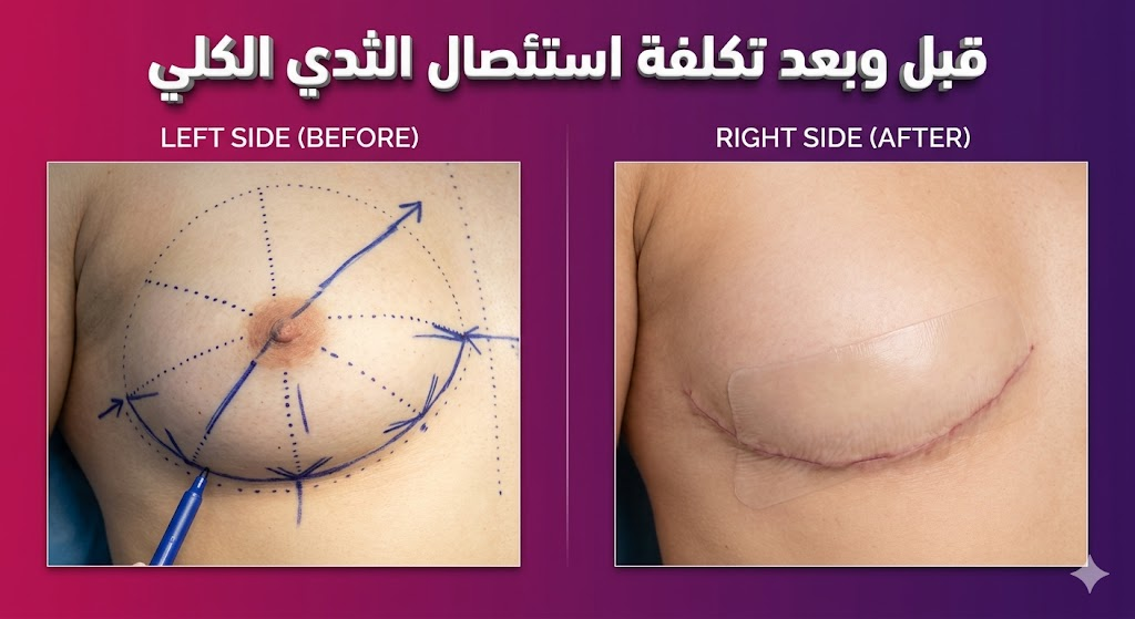  بوستر إنفوجرافيك طبي يوضح مراحل تكلفة استئصال الثدي الكلي والخطوات التقنية المتبعة.