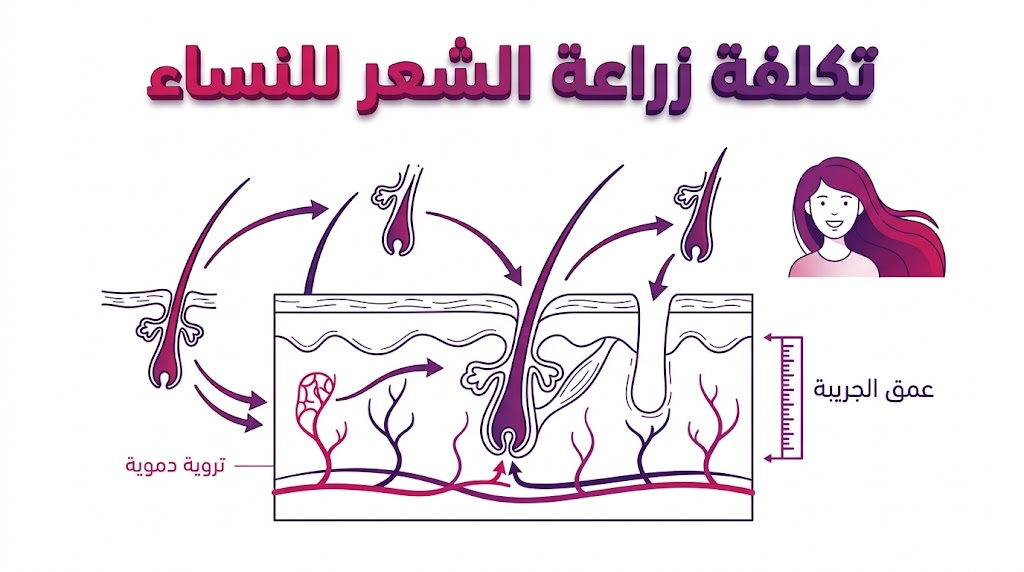 إنفوجرافيك طبي يشرح التشريح العلمي لعملية زراعة الشعر مع عنوان تكلفة زراعة الشعر للنساء.