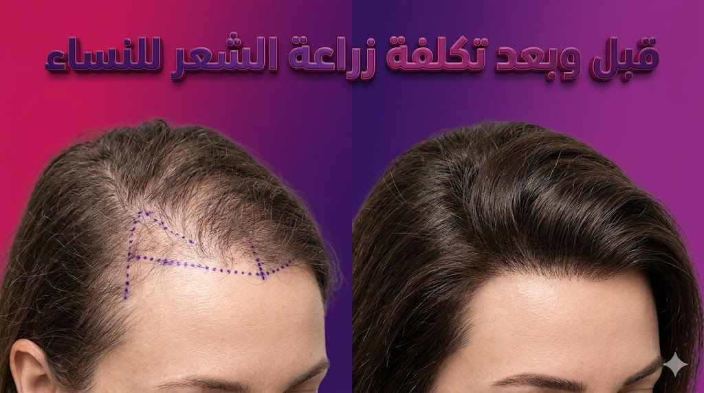 مقارنة قبل وبعد توضح نتائج الاستثمار في تكلفة زراعة الشعر للنساء مع نص ثلاثي الأبعاد باللغة العربية.