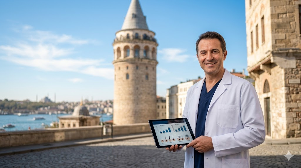 طبيب متخصص يقف أمام برج غالاتا في إسطنبول، يمثل وجهة السياحة الطبية العالمية للبحث عن أفضل تكلفة زراعة الشعر للنساء.