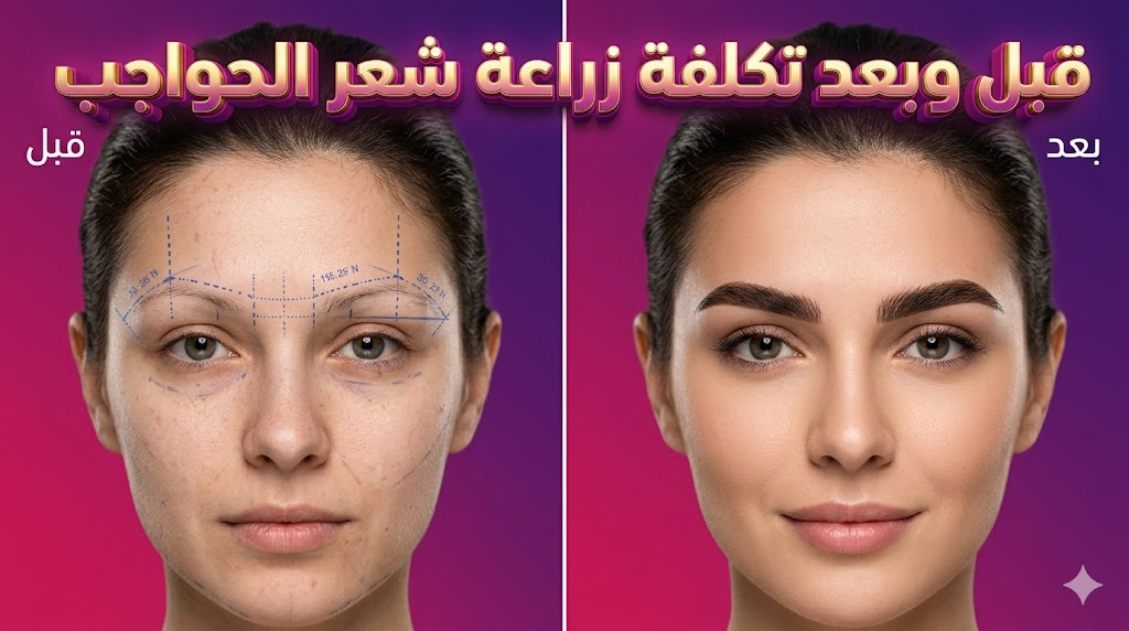 مقارنة قبل وبعد توضح نتائج تكلفة زراعة شعر الحواجب مع علامات التخطيط الجراحي والنتائج النهائية.