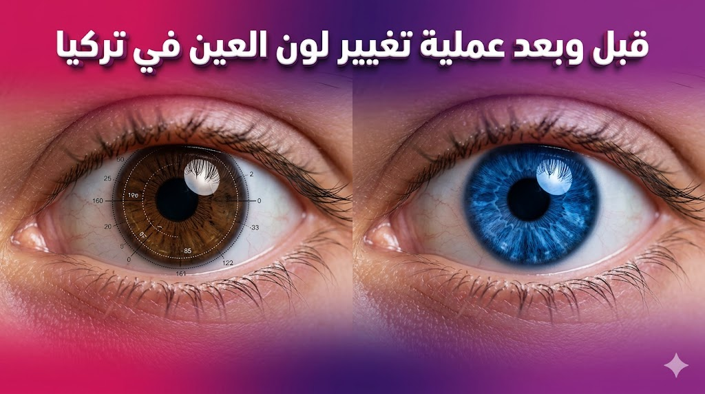 صورة "قبل وبعد" توضح نتائج عملية تغيير لون العين في تركيا من اللون البني الداكن إلى اللون الأزرق الساطع.