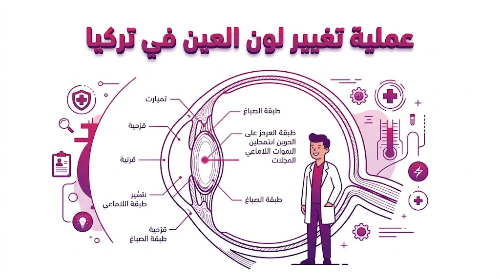  بوستر إنفوجرافيك يوضح ثلاث مميزات رئيسية لإجراء عملية تغيير لون العين في تركيا: الليزر، الأمان، والنتائج.