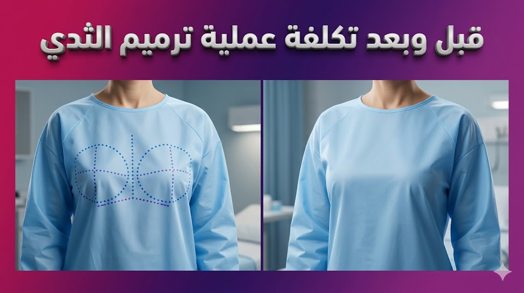  صورة مقارنة "قبل وبعد" توضح نتائج وخطوات تكلفة عملية ترميم الثدي مع علامات جراحية احترافية.