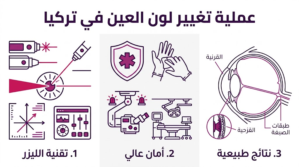 بوستر إنفوجرافيك يوضح ثلاث مميزات رئيسية لإجراء عملية تغيير لون العين في تركيا: الليزر، الأمان، والنتائج.