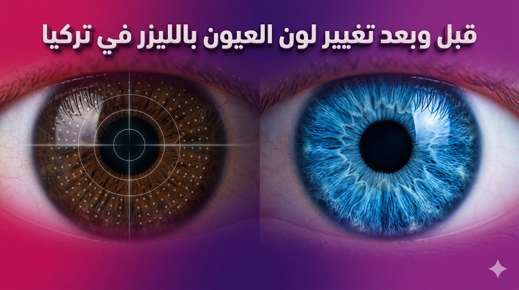 صورة قبل وبعد توضح نتائج تغيير لون العيون بالليزر في تركيا من اللون البني إلى الأزرق الساطع.