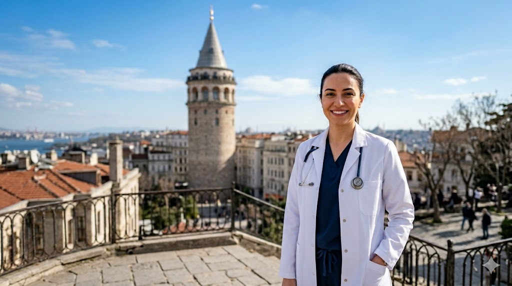 طبيب عيون متخصص في تغيير لون العيون بالليزر في تركيا يقف أمام برج غالاتا في إسطنبول.