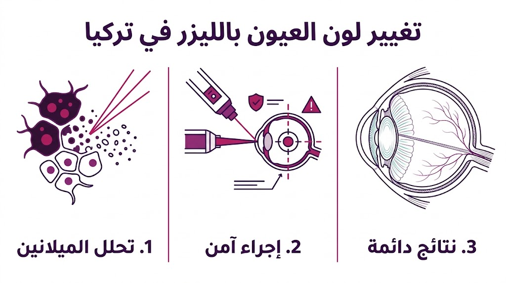  إنفوجرافيك طبي يوضح المراحل الثلاث لعملية تغيير لون العيون بالليزر في تركيا من تحلل الصبغة إلى النتائج النهائية.