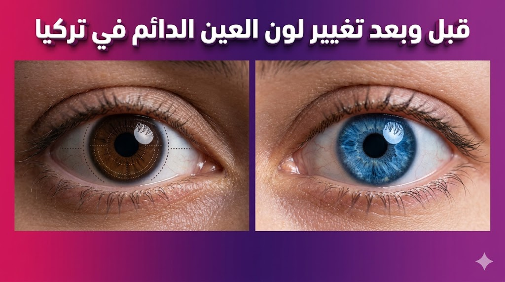 صورة قبل وبعد توضح نتائج عملية تغيير لون العين الدائم في تركيا من اللون البني إلى الأزرق الطبيعي.