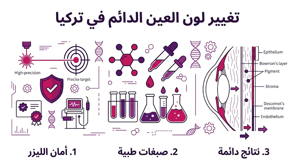 إنفوجرافيك طبي يشرح مميزات أمان الليزر والصبغات الطبية في عملية تغيير لون العين الدائم في تركيا.