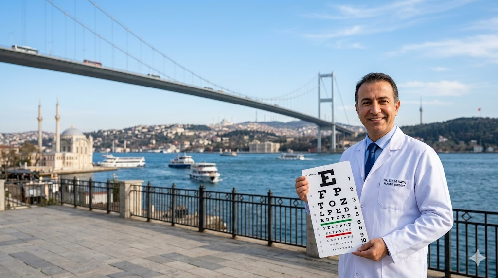 طبيب مختص في تغيير لون العين الدائم في تركيا يقف أمام جسر البوسفور في اسطنبول.