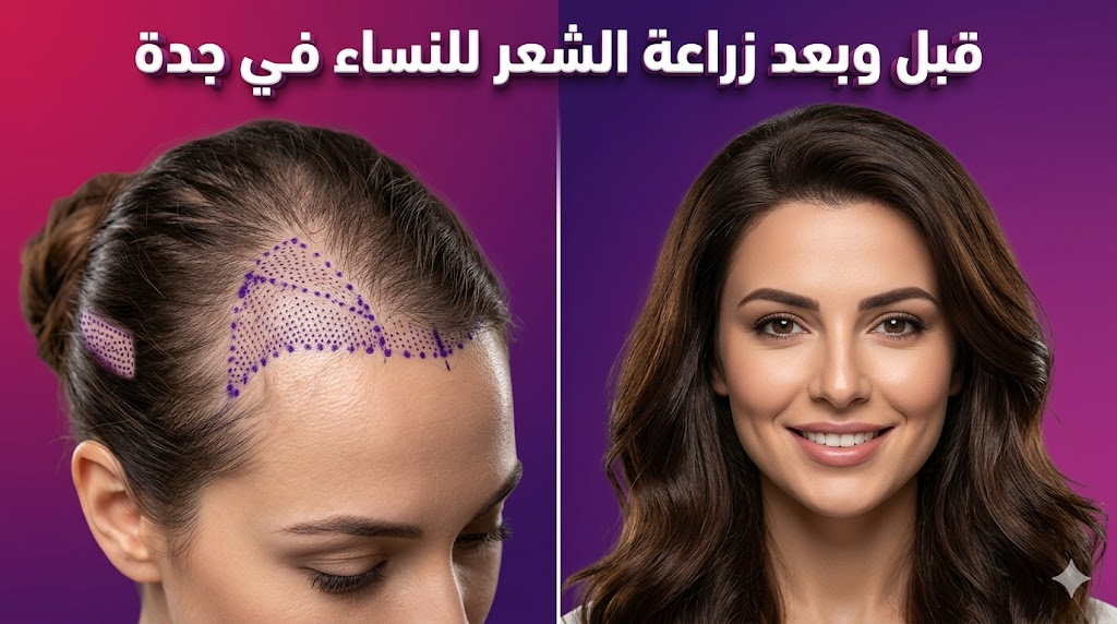 مقارنة قبل وبعد تظهر نتائج تكثيف الشعر الفعالة لعملية زراعة الشعر للنساء في جدة مع خطوط تخطيط طبية.