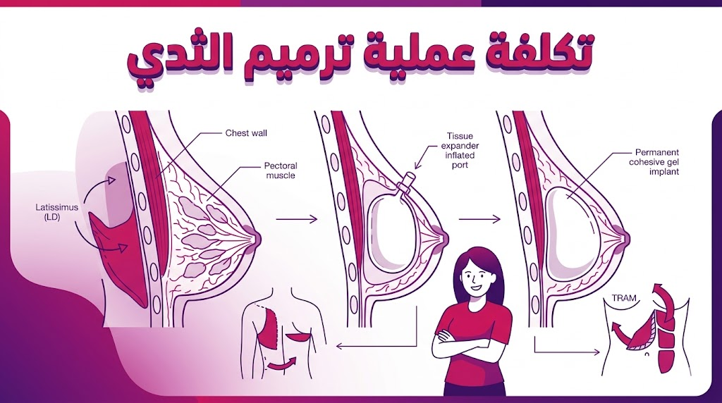  إنفوجرافيك تعليمي يشرح التشريح الداخلي والتقنيات الطبية المتعلقة بـ تكلفة عملية ترميم الثدي.