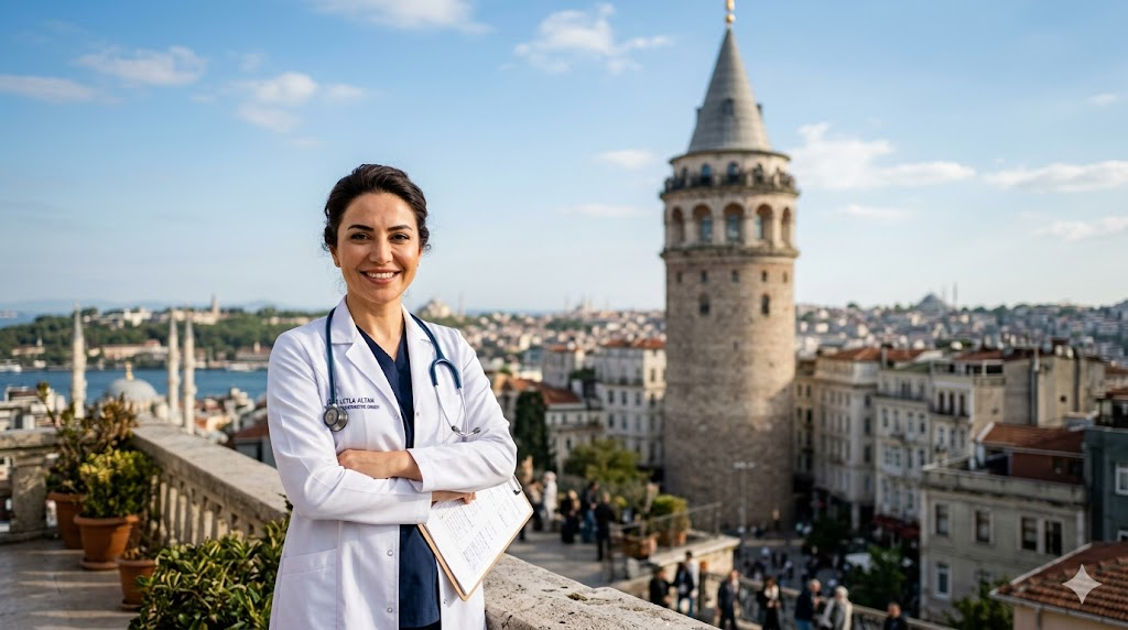 طبيبة متخصصة في زراعة الشعر للنساء في جدة أمام برج غالطة، ترمز إلى الخبرة الطبية والوجهات الرائدة للتجميل.