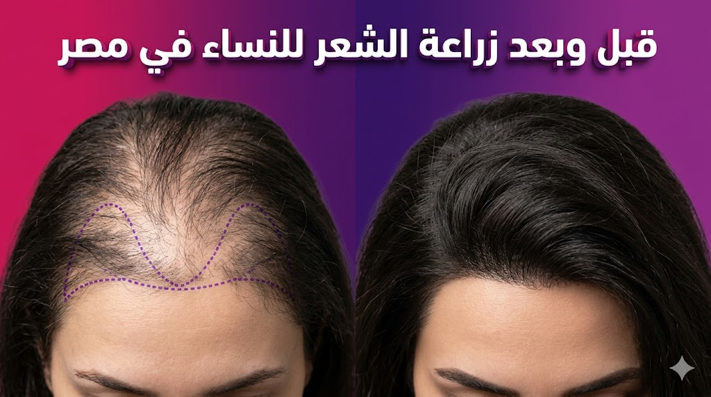 صورة "قبل وبعد" توضح نتائج زراعة الشعر للنساء في مصر مع تخطيط طبي دقيق وكثافة شعر نهائية مبهرة.