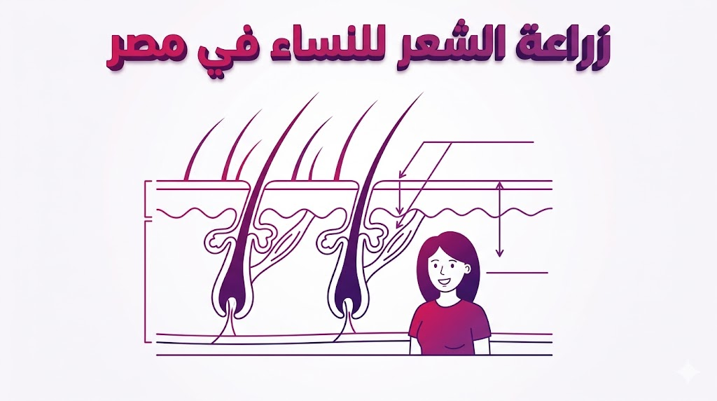  إنفوجرافيك تعليمي يشرح تشريح بصيلات الشعر وكيفية زراعة الشعر للنساء في مصر بأسلوب هندسي دقيق.