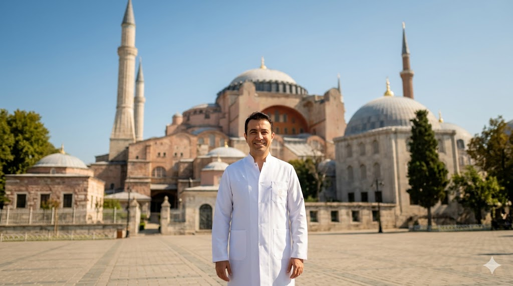  طبيب خبير يبتسم أمام معلم سياحي عريق، تعبيراً عن الجودة والخبرة في إجراء زراعة الشعر للنساء في مصر.