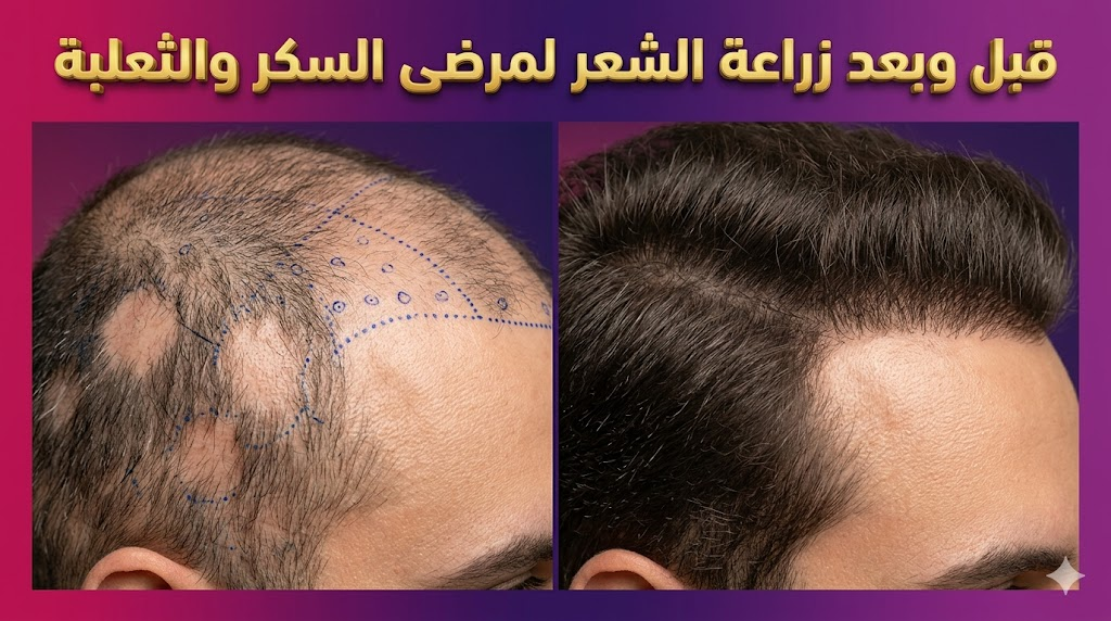  صورة قبل وبعد توضح نتائج زراعة الشعر لمرضى السكر والثعلبة مع تخطيط طبي دقيق.