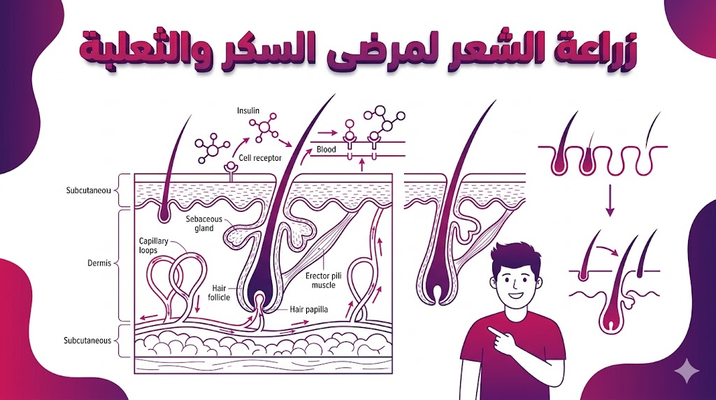  مخطط تشريحي يوضح آلية غرس البصيلات في زراعة الشعر لمرضى السكر والثعلبة.