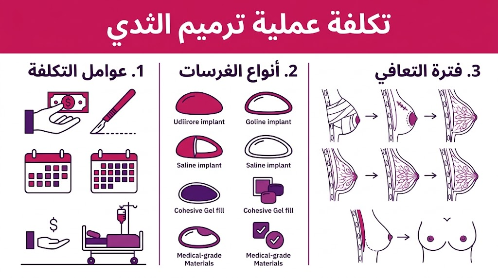 بوستر إنفوجرافيك مقسم لثلاثة أقسام يشرح العوامل المؤثرة في تكلفة عملية ترميم الثدي ومراحلها.
