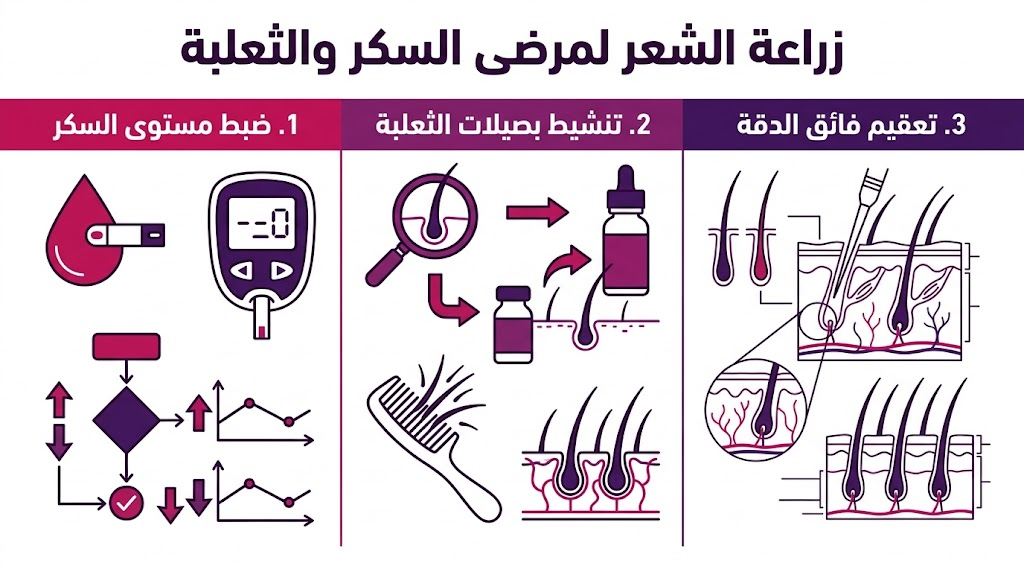 إنفوجرافيك طبي يوضح مراحل زراعة الشعر لمرضى السكر والثعلبة.