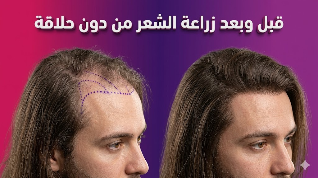  مقارنة قبل وبعد توضح نتائج زراعة الشعر من دون حلاقة مع الحفاظ على طول الشعر الأصلي.