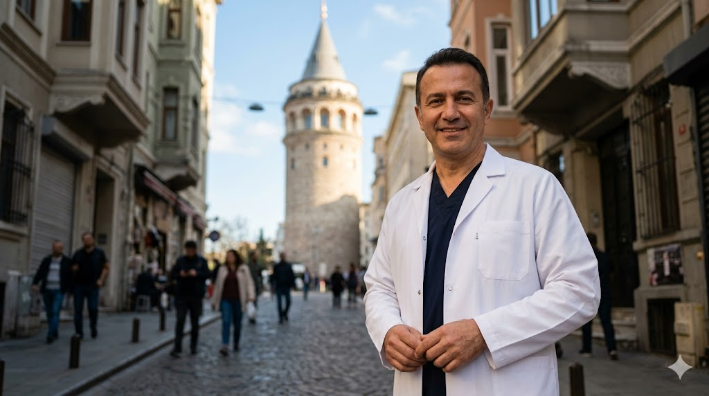  طبيب تجميل مختص في زراعة الشعر من دون حلاقة يقف أمام برج غالاتا في مدينة إسطنبول بتركيا.