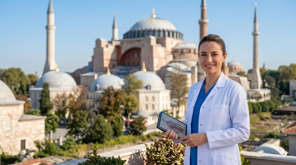 طبيب تجميل متخصص يقف أمام جامع آيا صوفيا في إسطنبول للتعريف بـ تكلفة عملية ترميم الثدي في تركيا.