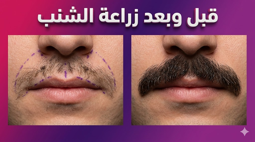 مقارنة قبل وبعد زراعة الشنب تظهر كثافة الشعر المثالية والنتائج الطبيعية بعد العملية.