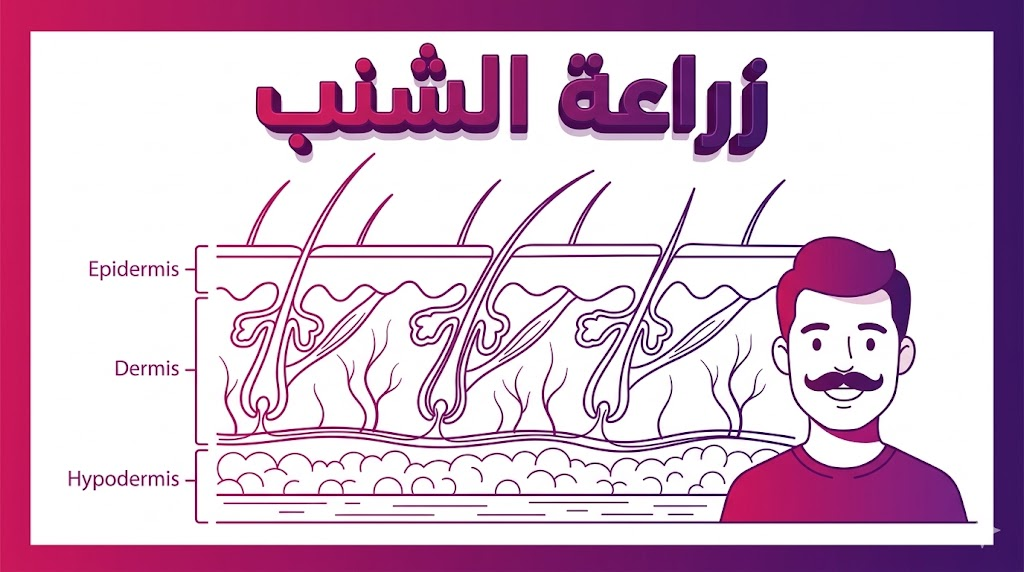 مخطط تشريحي تعليمي يوضح كيفية غرس بصيلات الشعر في منطقة الشنب للحصول على زاوية نمو طبيعية.