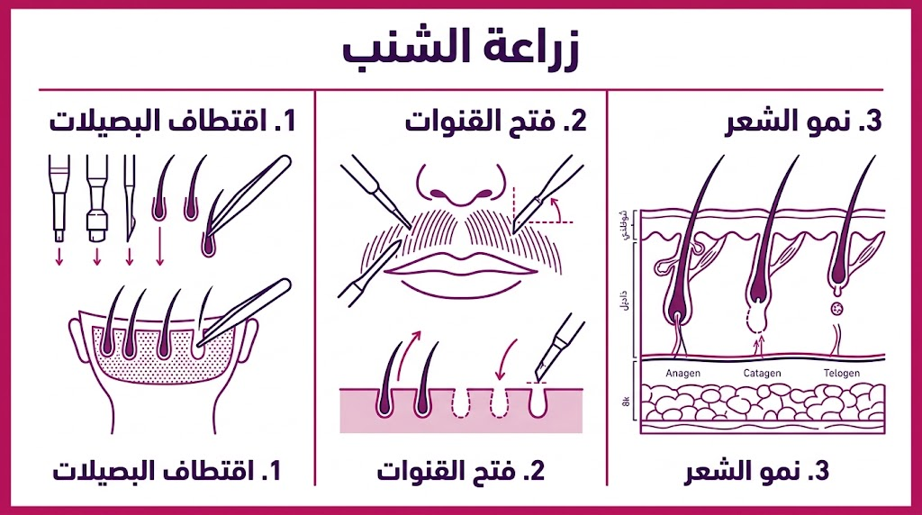  إنفوجرافيك تعليمي لخطوات زراعة الشنب تشمل الاقتطاف وفتح القنوات ومراحل النمو النهائي.