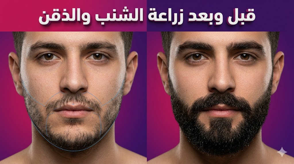  مقارنة قبل وبعد توضح نتائج زراعة الشنب والذقن وكثافة الشعر الطبيعية المحققة.