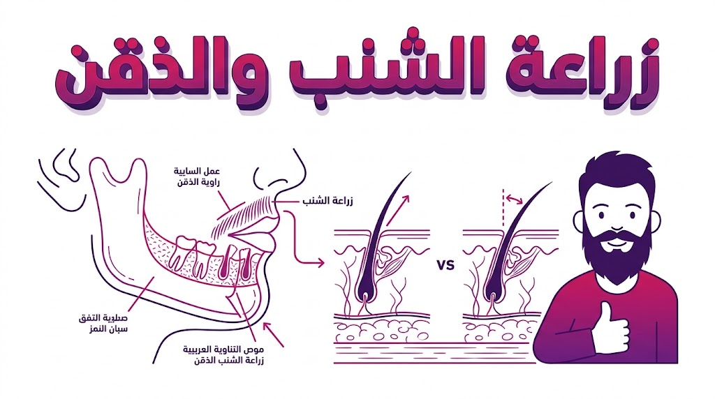  إنفوجرافيك تعليمي يوضح التشريح الطبي الدقيق لعملية زراعة الشنب والذقن وتوزيع البصيلات.