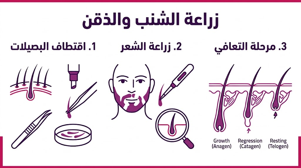 بوستر إنفوجرافيك يوضح مراحل زراعة الشنب والذقن من الاقتطاف حتى التعافي الكامل.