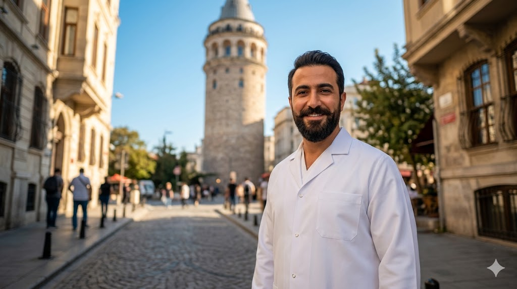 طبيب تجميل متخصص في زراعة الشنب والذقن أمام برج غالاتا التاريخي في مدينة اسطنبول.