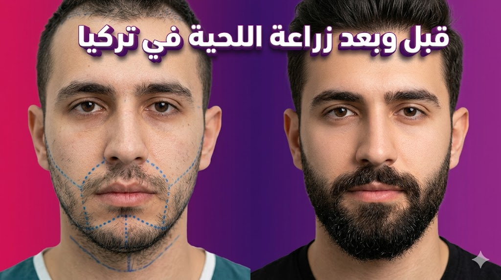  مقارنة قبل وبعد زراعة اللحية في تركيا توضح كثافة الشعر وتخطيط العملية الجراحية.