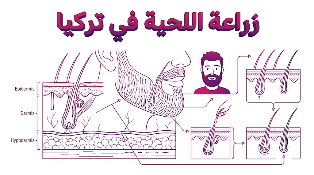 رسم تخطيطي طبي يوضح التشريح الداخلي وتوزيع البصيلات أثناء زراعة اللحية في تركيا.