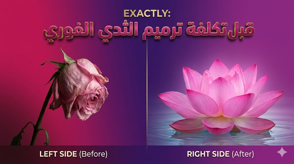 مقارنة رمزية "قبل وبعد" توضح التحول الجمالي لعملية تكلفة ترميم الثدي الفوري باستخدام زهور فنية.