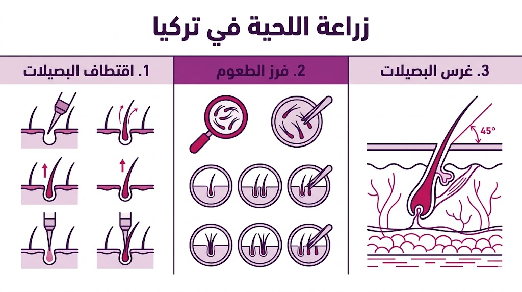 إنفوجرافيك طبي يوضح مراحل عملية زراعة اللحية في تركيا من الاقتطاف حتى الغرس.