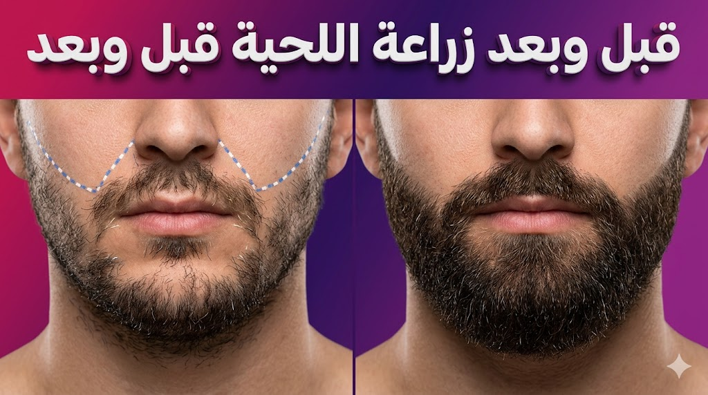  صورة واقعية تقارن نتائج زراعة اللحية قبل وبعد وتوضح الكثافة والمظهر الطبيعي الجديد.