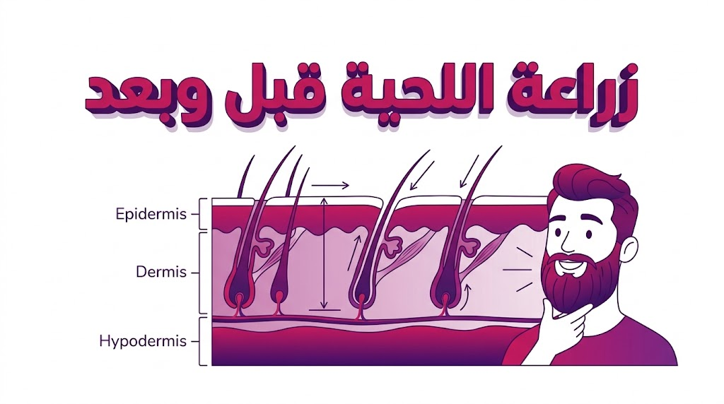 إنفوجرافيك تعليمي يوضح التشريح الداخلي وتوزيع البصيلات في عملية زراعة اللحية قبل وبعد.
