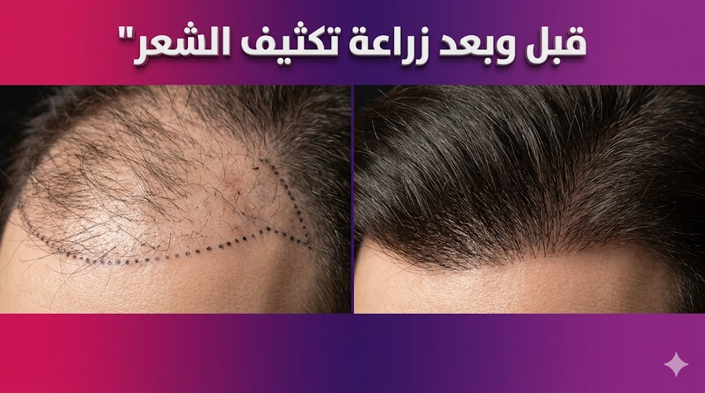  صورة مقارنة "قبل وبعد" توضح نتائج زراعة تكثيف الشعر على فروة الرأس.