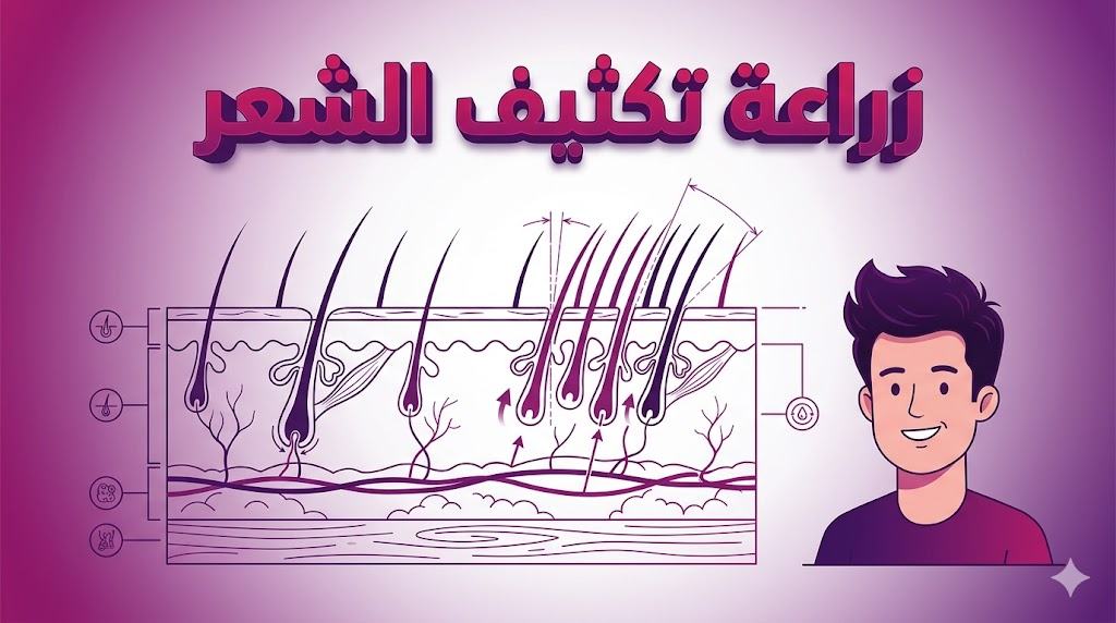  مخطط طبي يوضح الجانب العلمي لعملية زراعة تكثيف الشعر وتوزيع البصيلات.