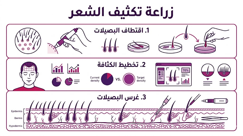  إنفوجرافيك تعليمي يشرح خطوات زراعة تكثيف الشعر الثلاث الأساسية.