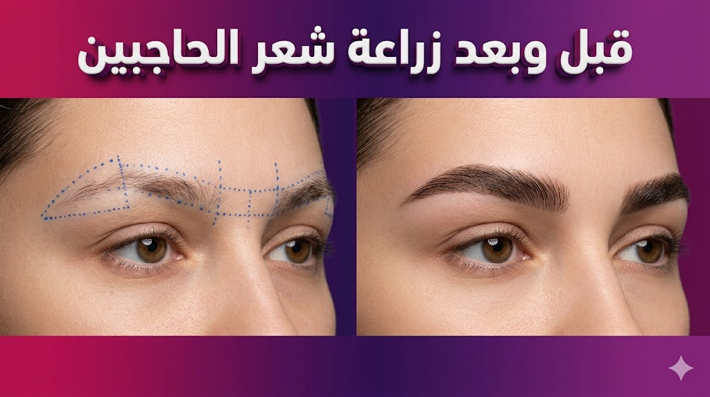  صورة قبل وبعد زراعة شعر الحاجبين تظهر الفرق في الكثافة وتحديد الشكل الطبيعي.