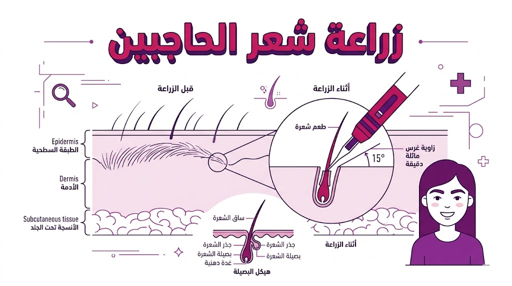 مخطط تشريحي يوضح تقنية زراعة شعر الحاجبين وكيفية غرس البصيلات بزوايا طبيعية.