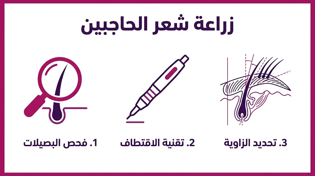 إنفوجرافيك طبي يشرح مراحل زراعة شعر الحاجبين من الفحص إلى تحديد زوايا النمو.
