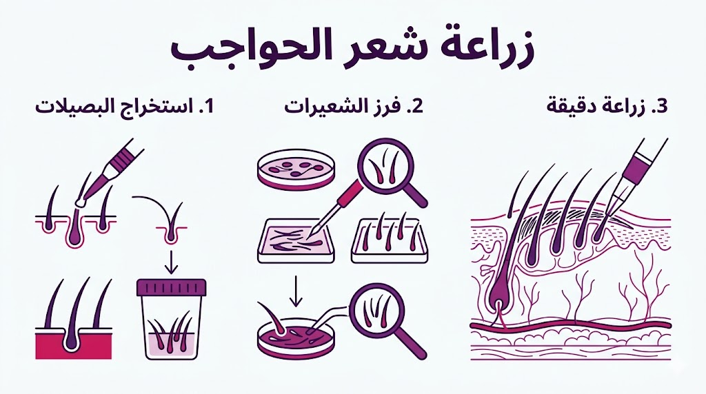  بوستر إنفوجرافيك يوضح المراحل الثلاث الأساسية في عملية زراعة شعر الحواجب.