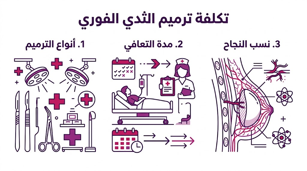 إنفوجرافيك طبي يوضح مراحل ونسب نجاح تكلفة ترميم الثدي الفوري.